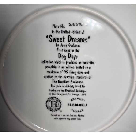 Limited Edition Bradford Exchange Sweet Dreams Plate Jerry Gadamus 1993 Dog Days - Picture 3 of 4